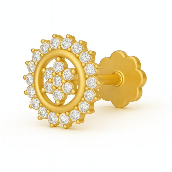 18K Gold Halo Nose Pin with Certified VVS Diamonds – 5mm Flower Stud Design