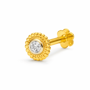18K gold flower nose pin with a single stone and secure screw-back closure