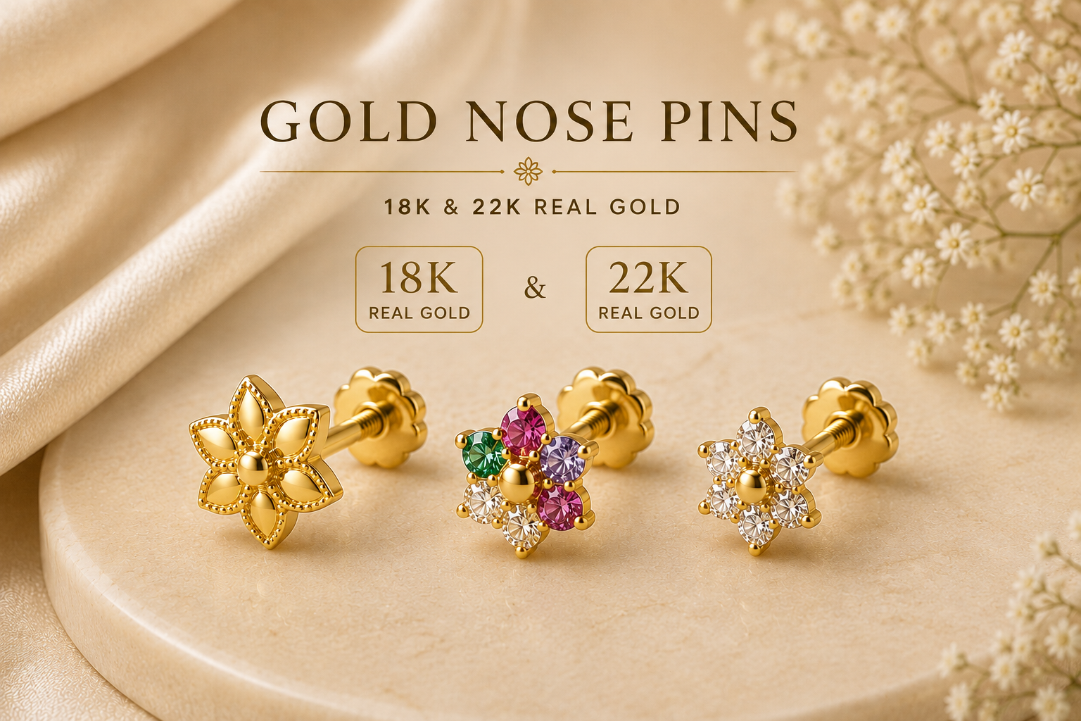Gold nose pins by Tibras Jewels