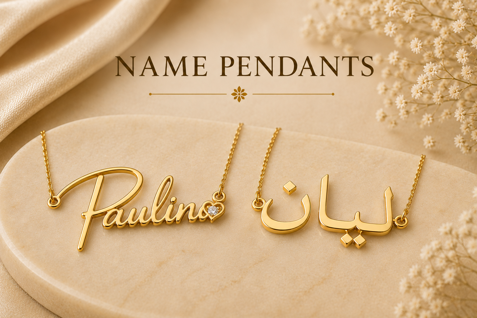Gold name pendants by Tibras Jewels